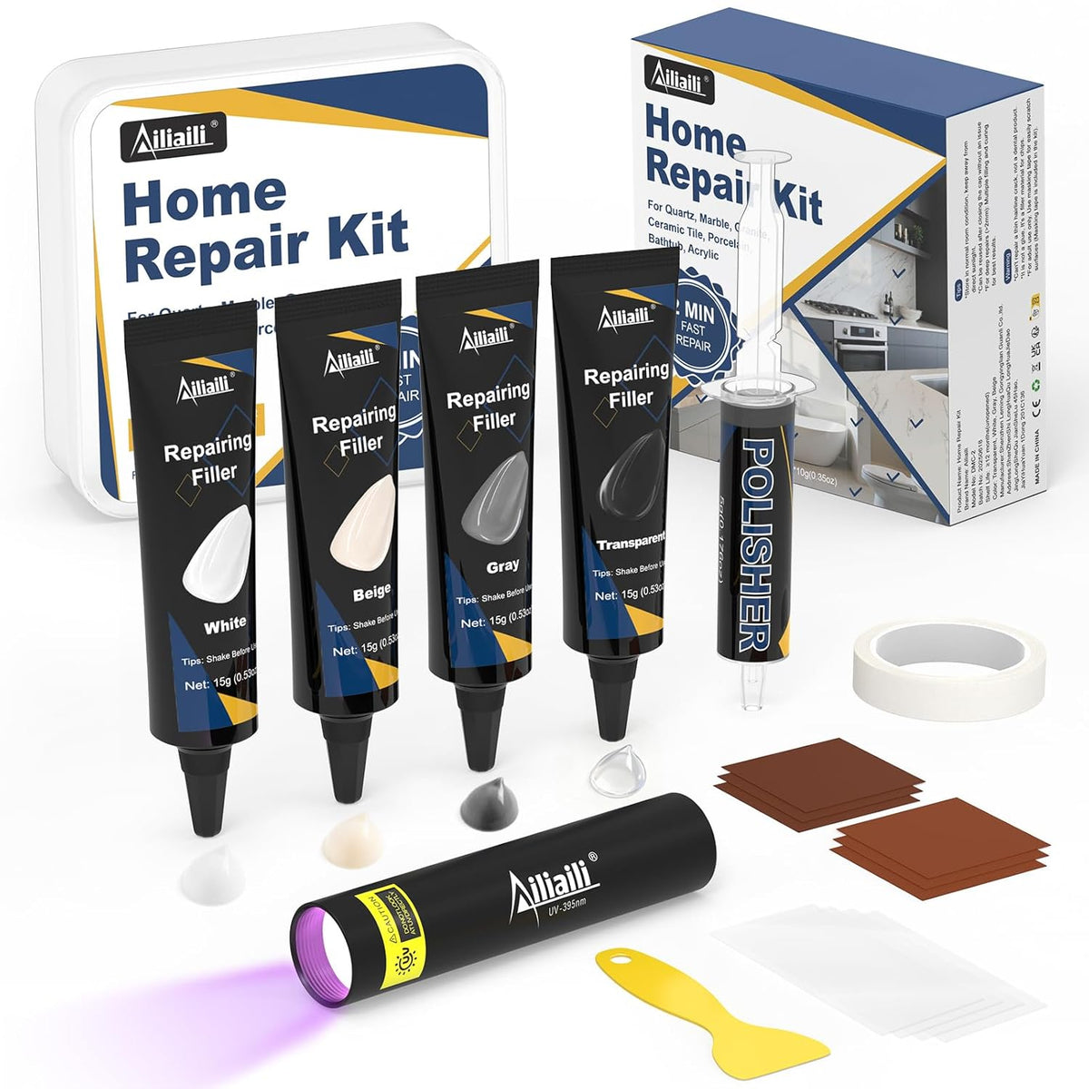 Quartz Countertop Repair Kit, Granite & Marble Repair Kit with 4*15g Filler(White,Beige