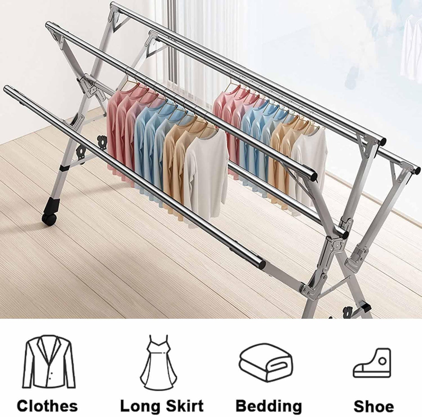 5Poles Clothes Drying Rack,Stainless Steel Laundry Rack with Wheels, Blanket Rack Clothesline