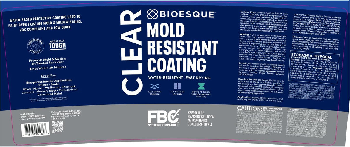 Bioesque Mold Resistant Coating, Water-Resistant, Stain-Blocking, Fast-Drying Formula, Clear, 5