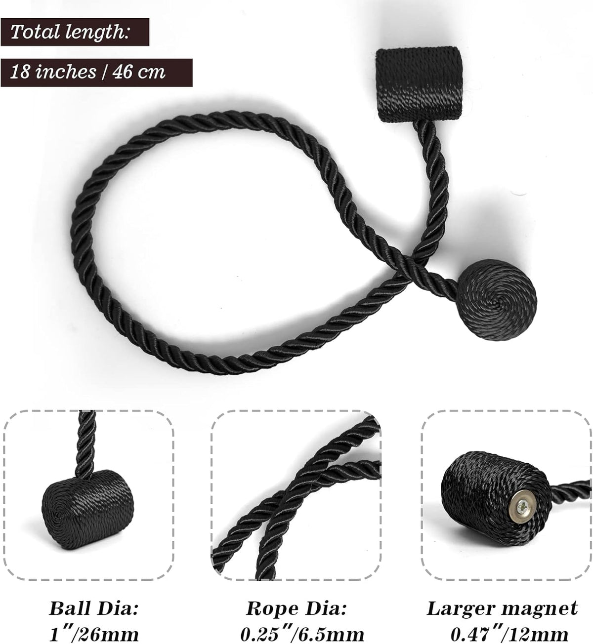 Hion Magnetic Curtain Tiebacks Black 2pcs, Curtain Tiebacks Buckles Holdbacks Holders Hooks Clip