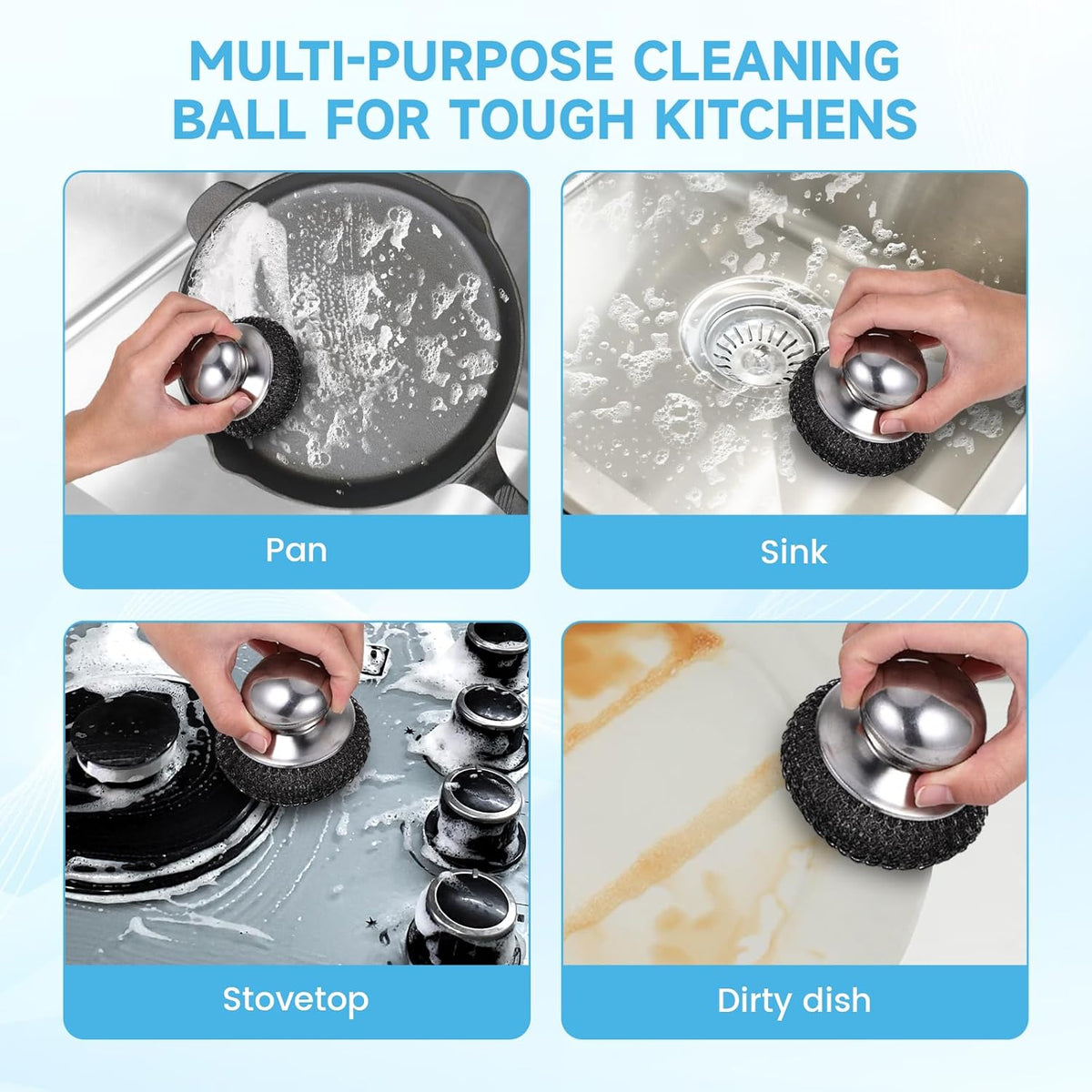 6Pcs Steel Wool Scrubber, Stainless Steel Scrubber with Handle for Cleaning Kitchen and Household