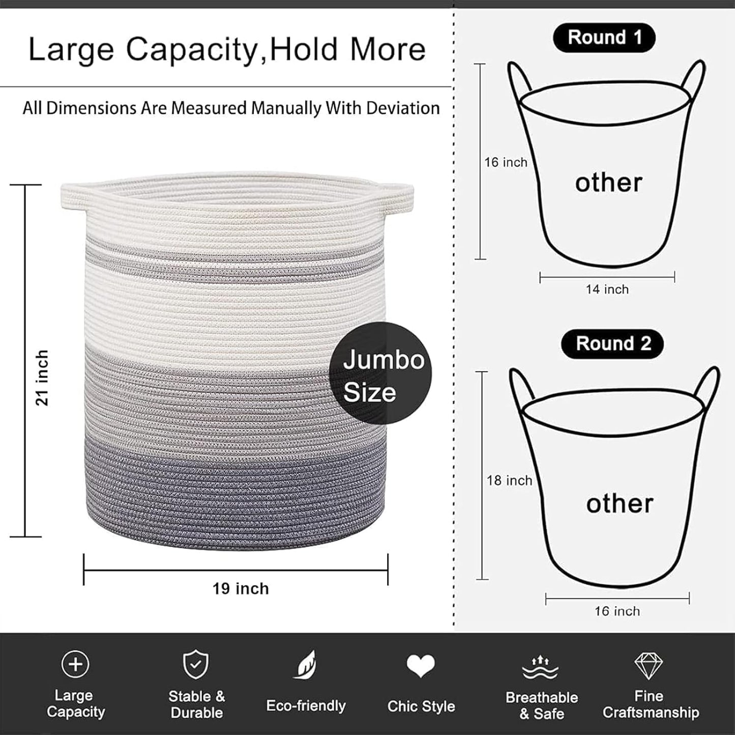 OIAHOMY 100L Laundry Hamper - Storage Basket with Handles, Decorative Woven Basket for Living Room