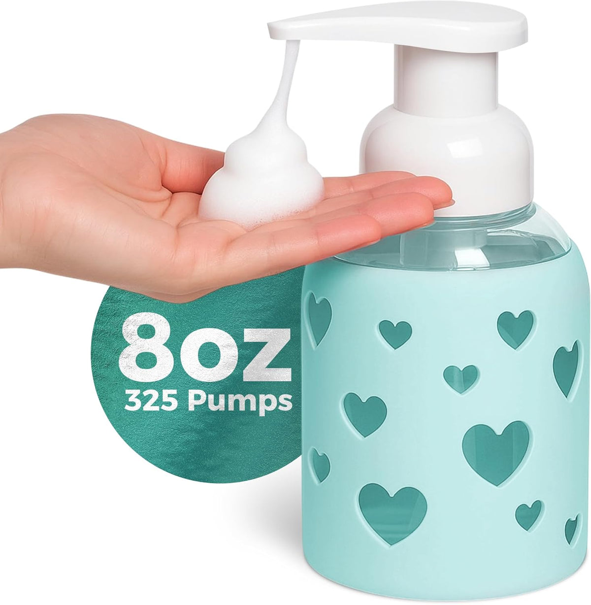 SoCal Suds & Company Glass Foaming Hand Soap Dispenser, Heart Silicone Sleeve, Refillable Pump