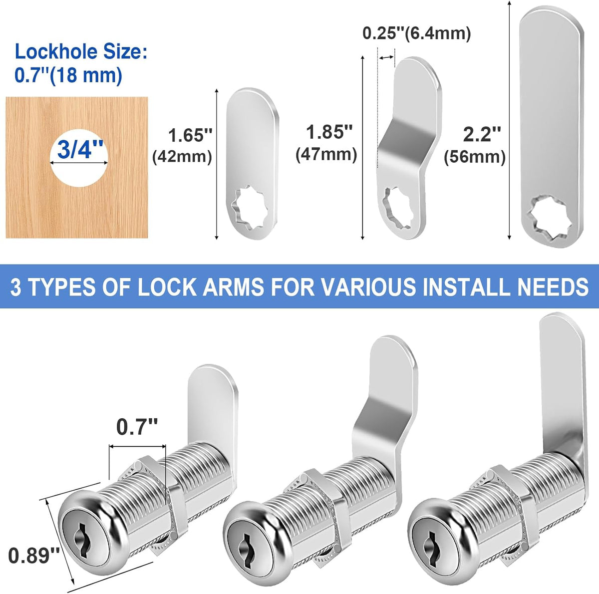 Cabinet Lock with Keys, 1-1/2" Long Cam Locks keyed Alike, Cam Lock Set for Cabinets Thick Drawers