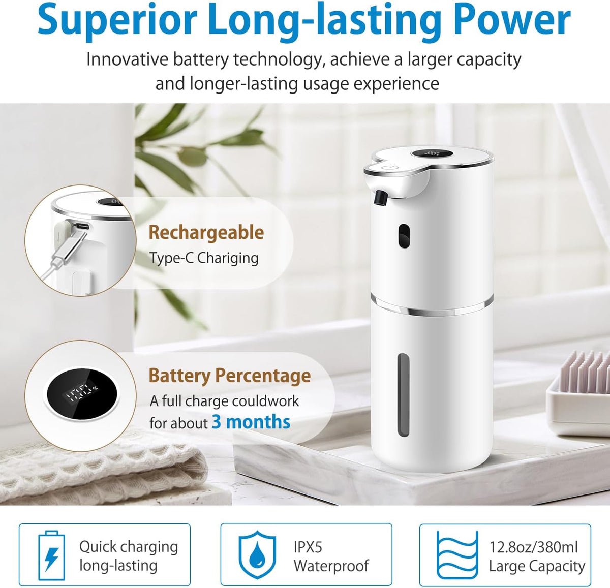 Automatic Liquid Soap Dispenser 12.8oz, Rechargeable & 6 Levels Soap Adjustable with Digital