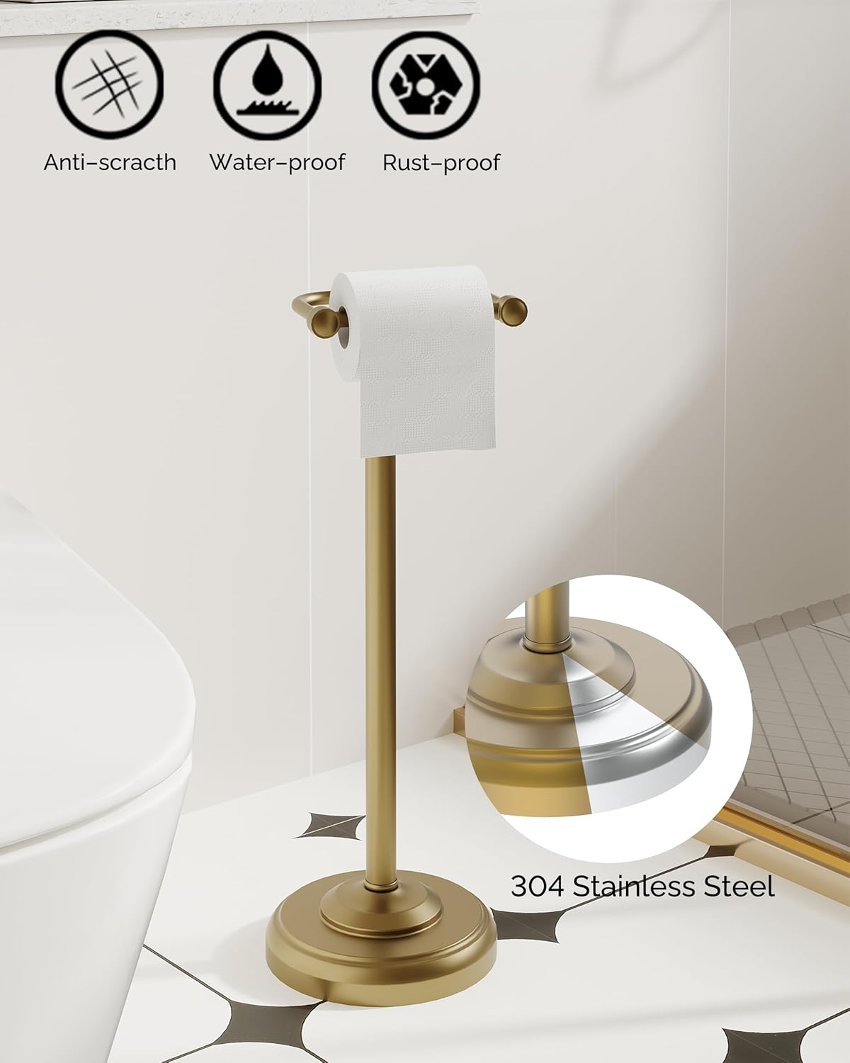 Toilet Paper Holder Stand, Brushed Brass Toilet Paper Holder Free Standing, Post Pivoting Design &