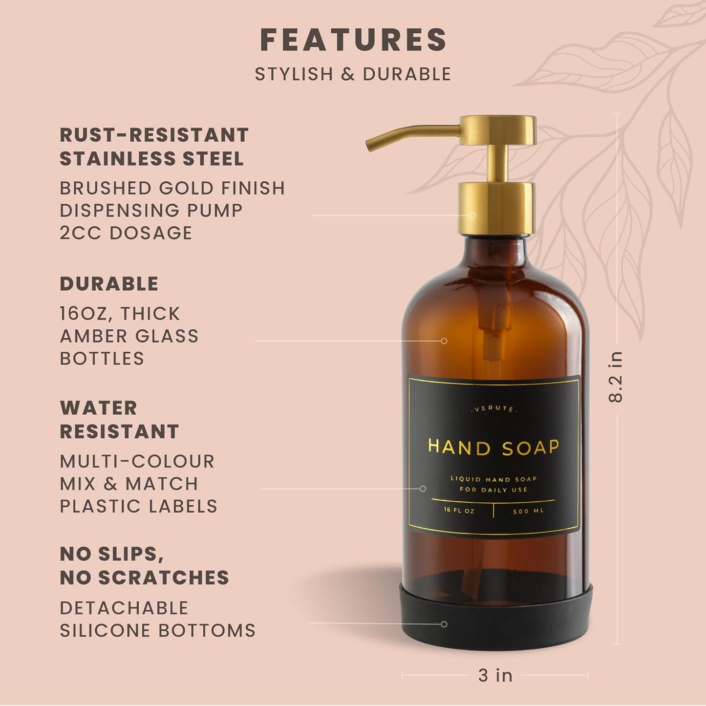 16oz Glass Soap Dispenser with Stainless Steel Pump, 21 Waterproof Labels, Non-Slip Protective