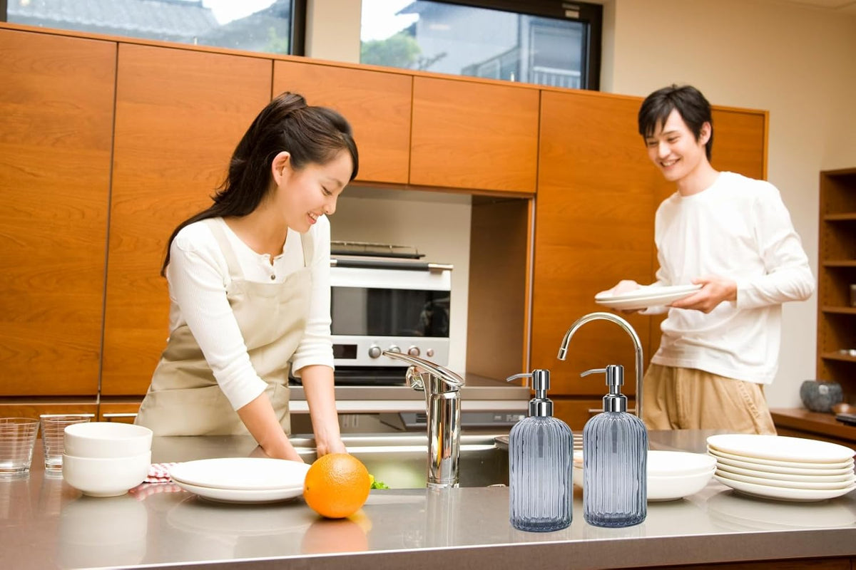 Grey Glass Soap Dispenser 18 oz, 2 Pack Hand Dish Soap Dispensers Bathroom with Stainless Steel