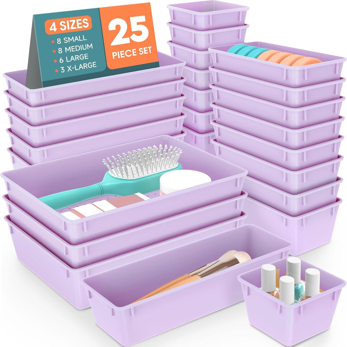 WOWBOX 25 PCS Plastic Drawer Organizer Set, 4 Sizes Desk Drawer Divider Organizers and Storage Bins
