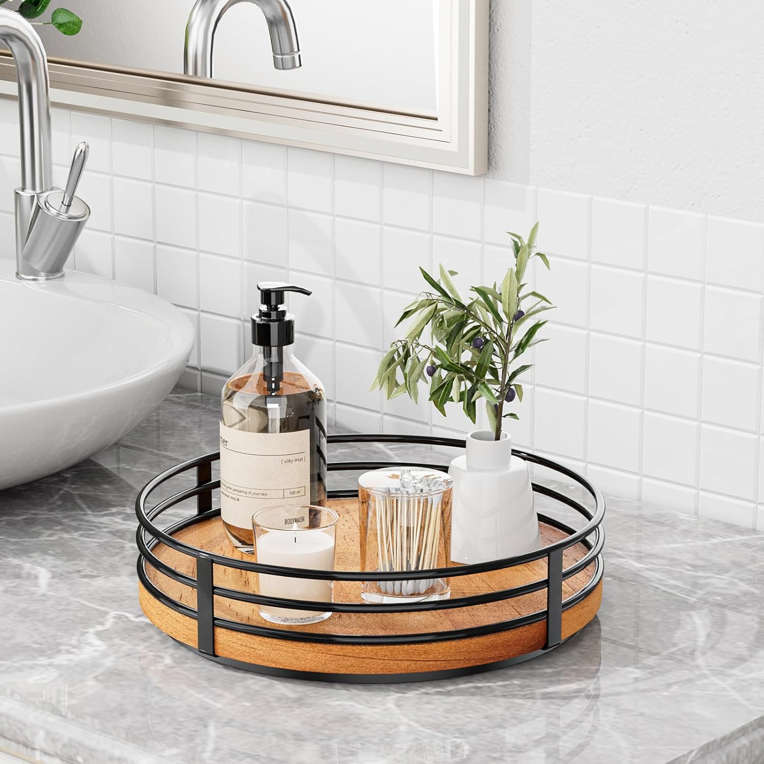 Wood Lazy Susan Turntable Organizer - 11" Round Wooden Lazy Susan for Cabinet Kitchen Countertop