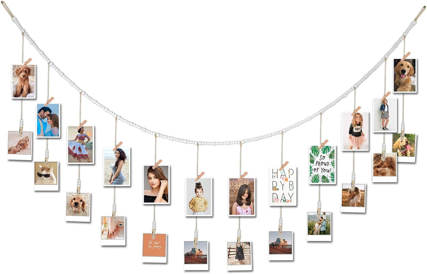 6 Feet Wooden Beads Garland with Clothespins Picture Cards Holder - Country Farmhouse Christmas
