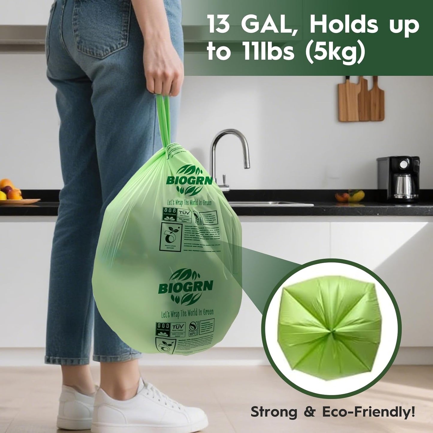 10-13 Gallon Compostable Trash Bags with Handles 30 Bags compost bags Food Scrap Green Waste Bags