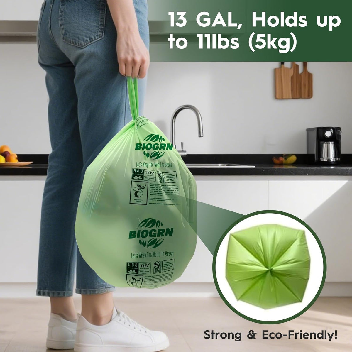 10-13 Gallon Compostable Trash Bags with Handles 30 Bags compost bags Food Scrap Green Waste Bags