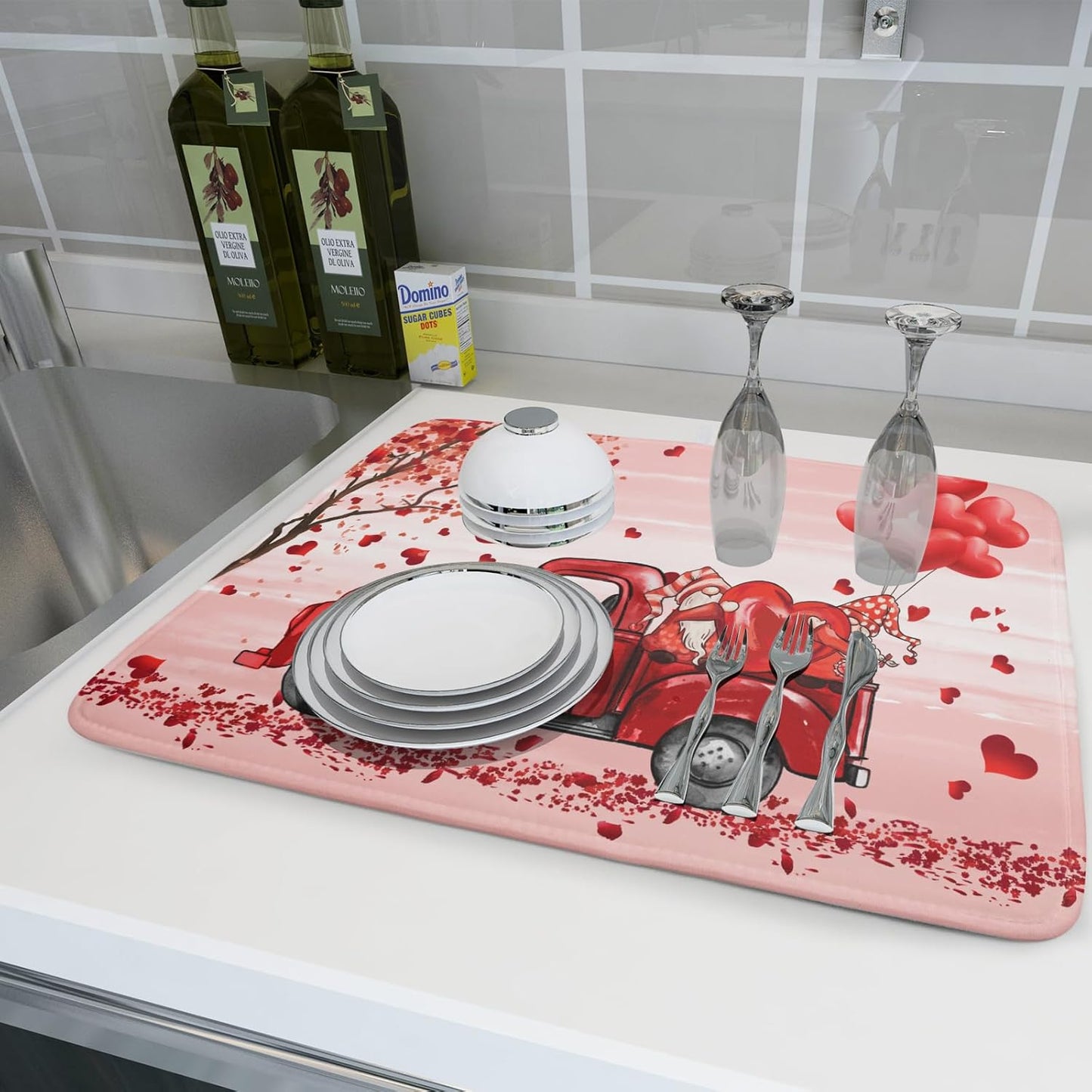 Valentine's Day Dish Drying Mats for Kitchen Counter, Happy Valentine's Day Dish Mat Absorbent
