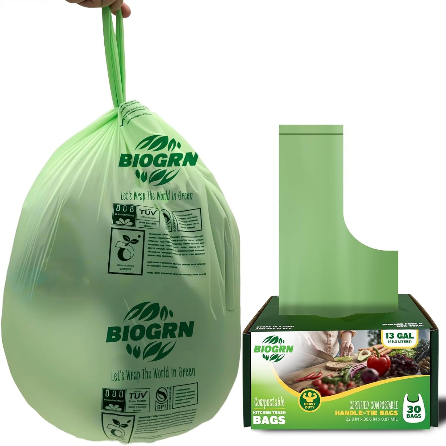 10-13 Gallon Compostable Trash Bags with Handles 30 Bags compost bags Food Scrap Green Waste Bags