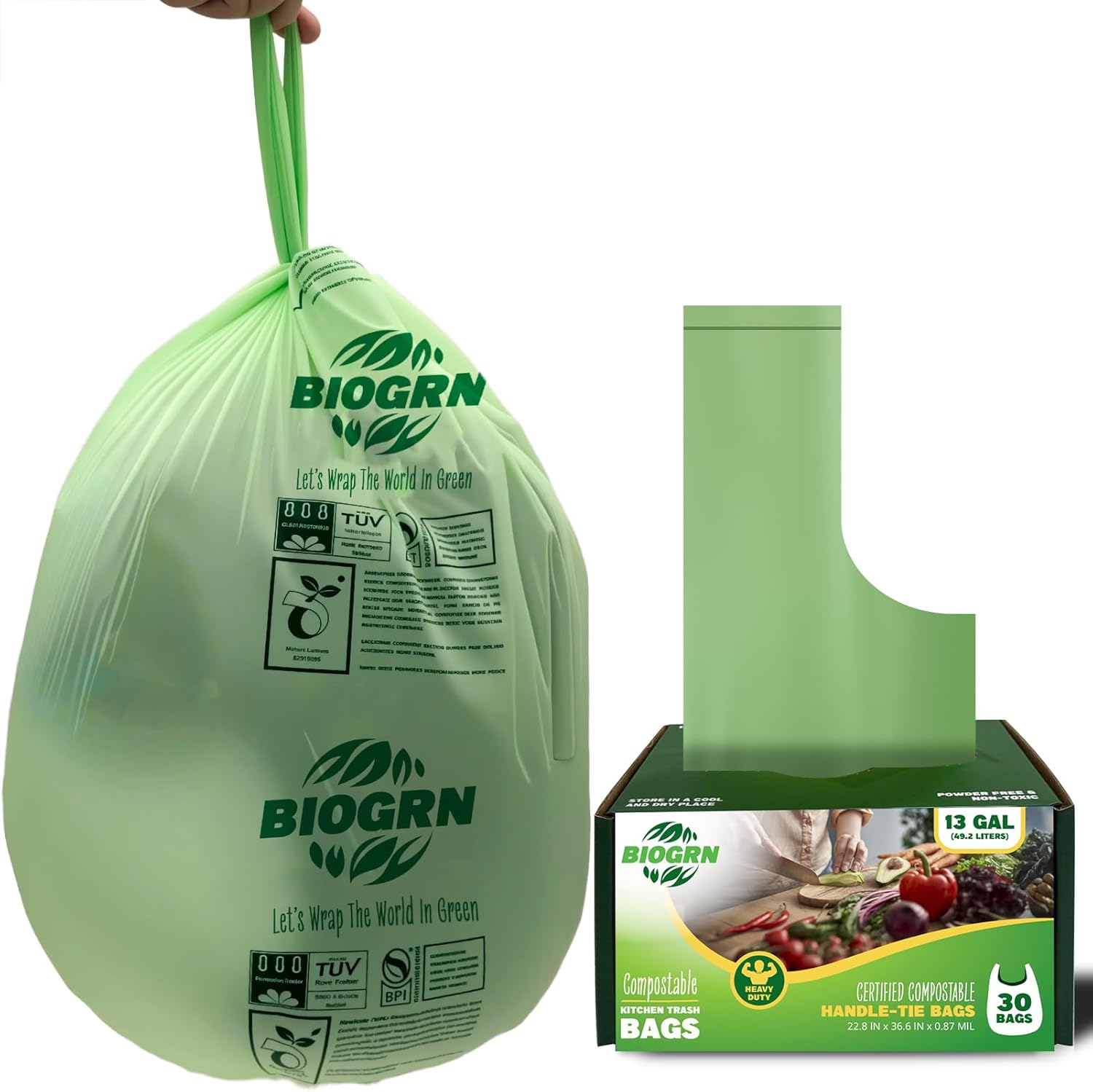 10-13 Gallon Compostable Trash Bags with Handles 30 Bags compost bags Food Scrap Green Waste Bags