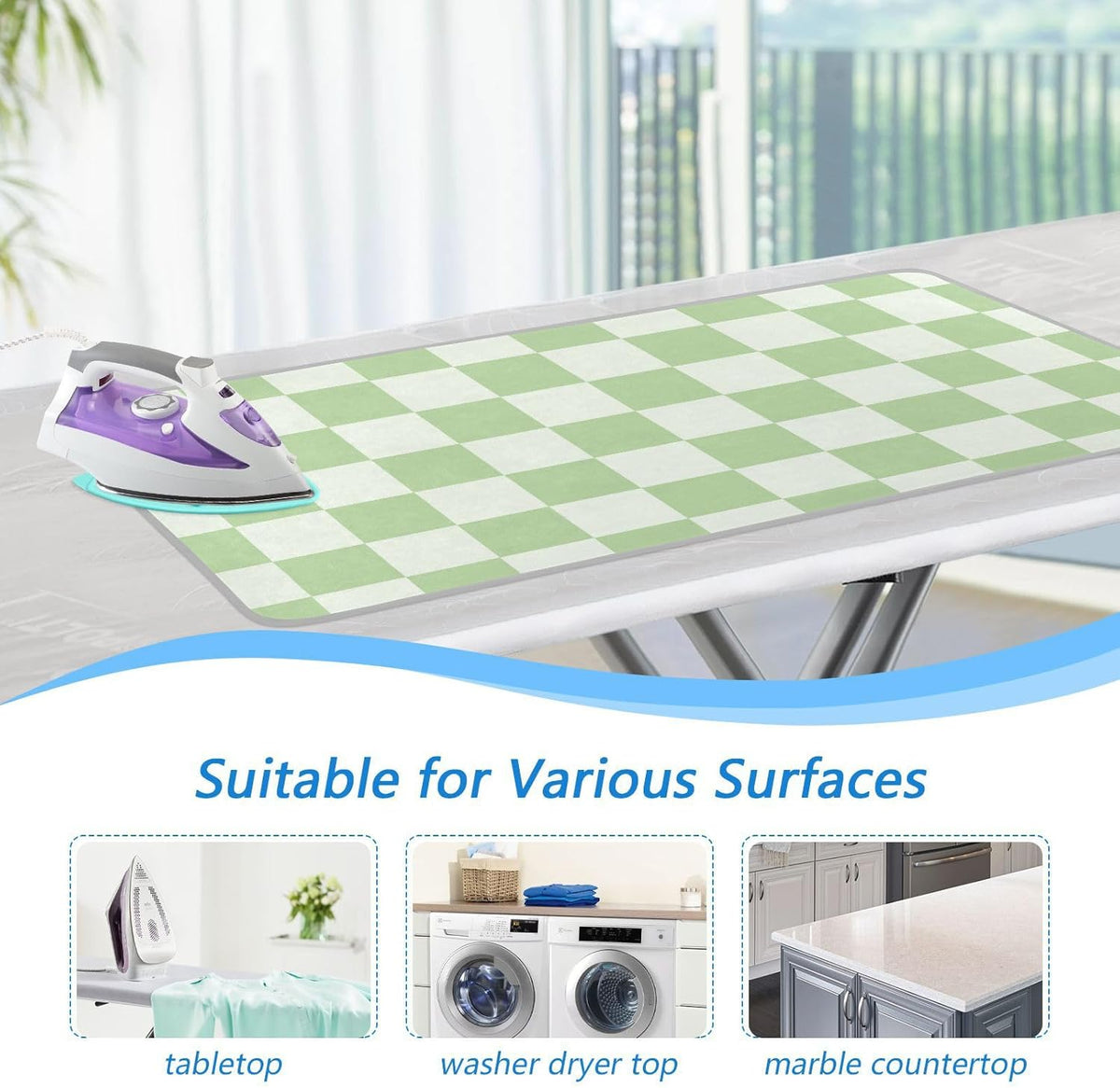 Checkered Mint Green White Plaid Ironing Mat for Table top Portable Ironing Pad Blanket for Washer