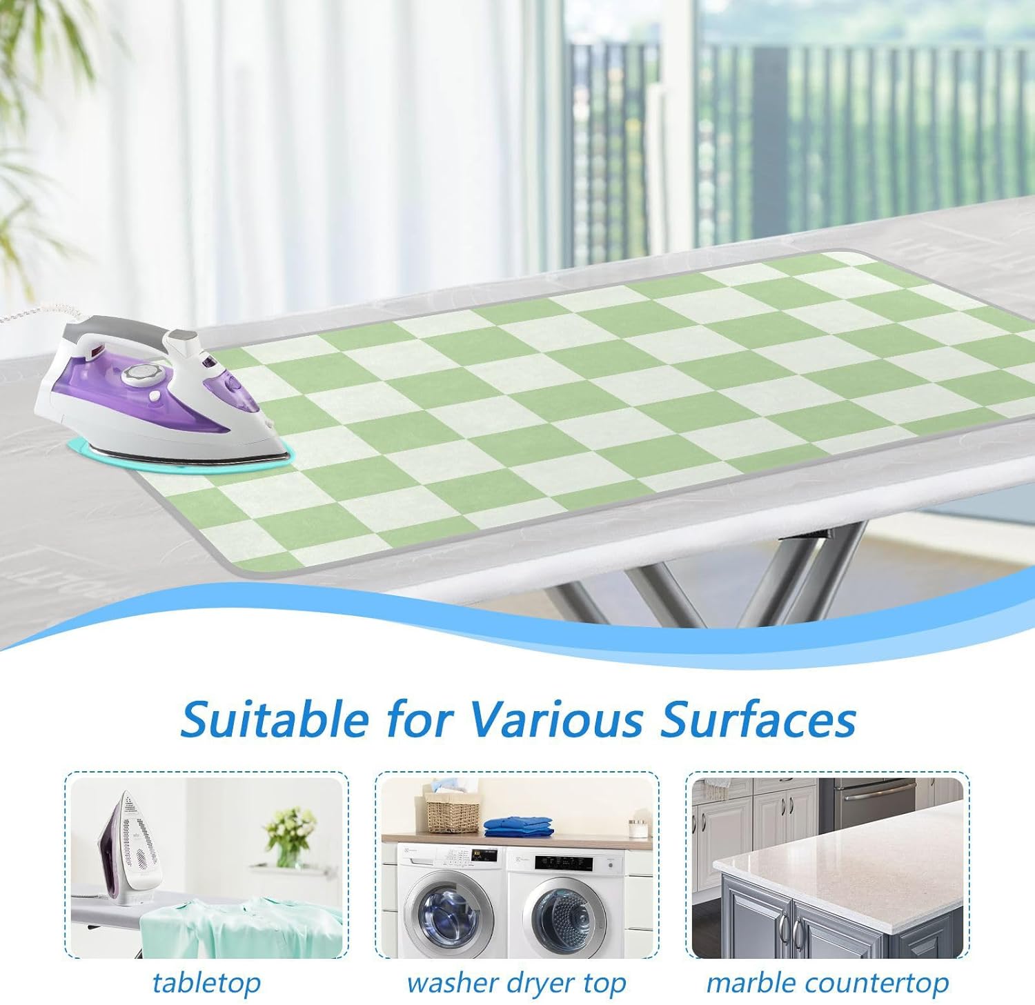 Checkered Mint Green White Plaid Ironing Mat for Table top Portable Ironing Pad Blanket for Washer