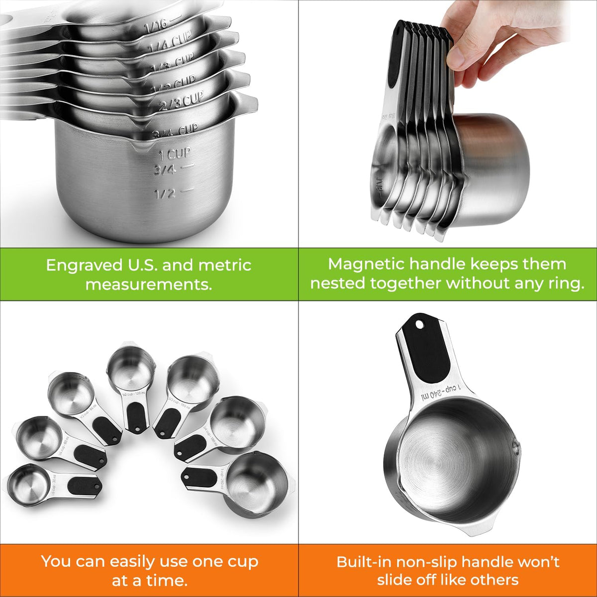 Spring Chef Magnetic Stainless Steel Measuring Cups, Patented, Kitchen Tools with Easy to Read