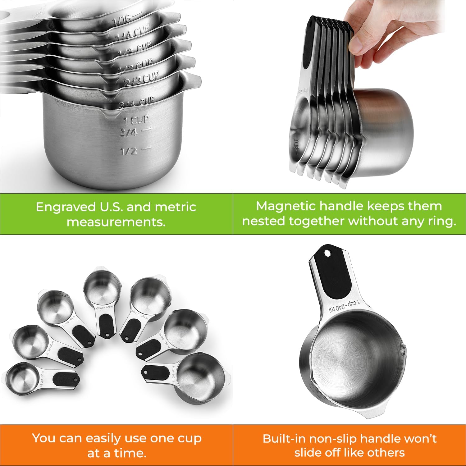 Spring Chef Magnetic Stainless Steel Measuring Cups, Patented, Kitchen Tools with Easy to Read