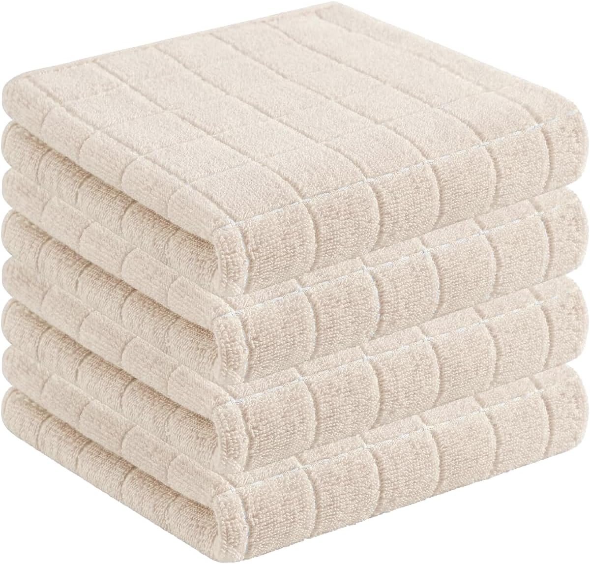 Homaxy 100% Cotton Terry Kitchen Towels(Beige, 13 x 28 inches), Checkered Designed, Soft and Super