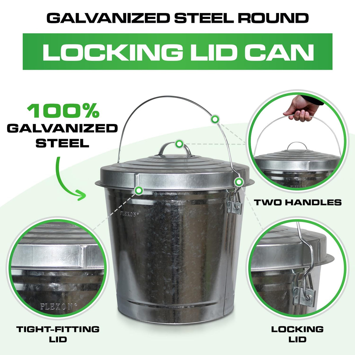Plexon 10 Gallon Metal Trash Can with Locking Lid Galvanized Bucket with Lid for Poultry Feed Bird