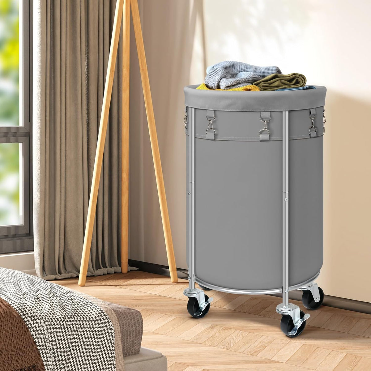 Laundry Hamper with Wheels, 100L Round Rolling Laundry Basket Sorter with Removable Bag, Clothes