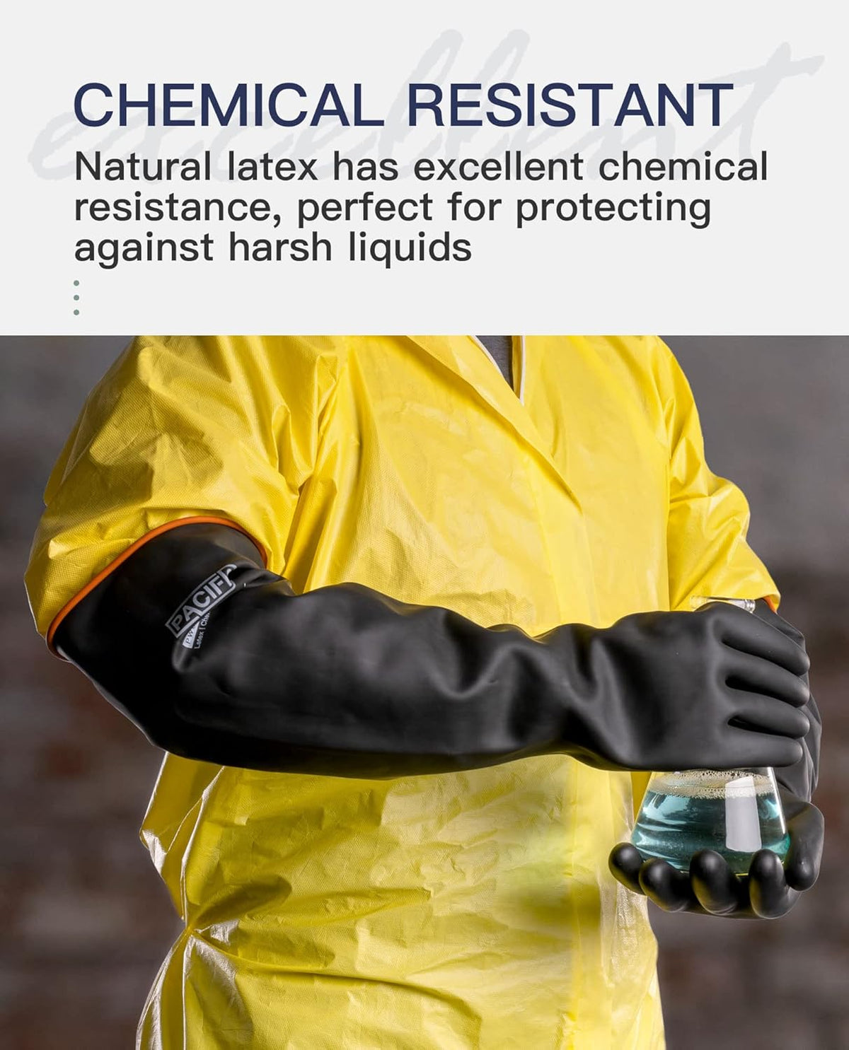 PACIFIC PPE Heavy Duty Latex Chemical Gloves, Strong Acid Resistance Rubber Gloves, Against Alkali