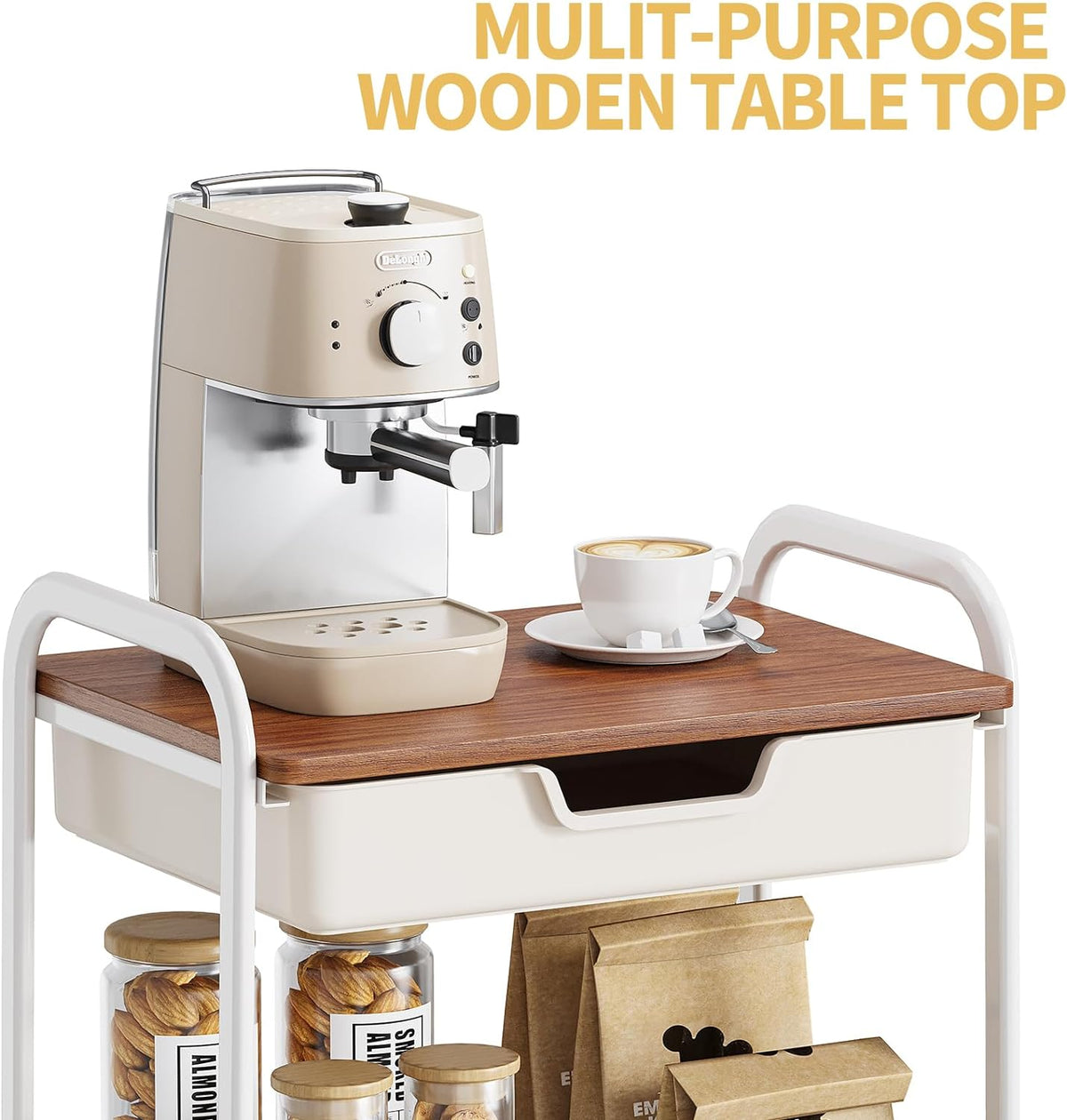 TOOLF 3-Tier Metal Utility Rolling Cart with Drawer & Wooden Table Top, Storage Cart White Trolley