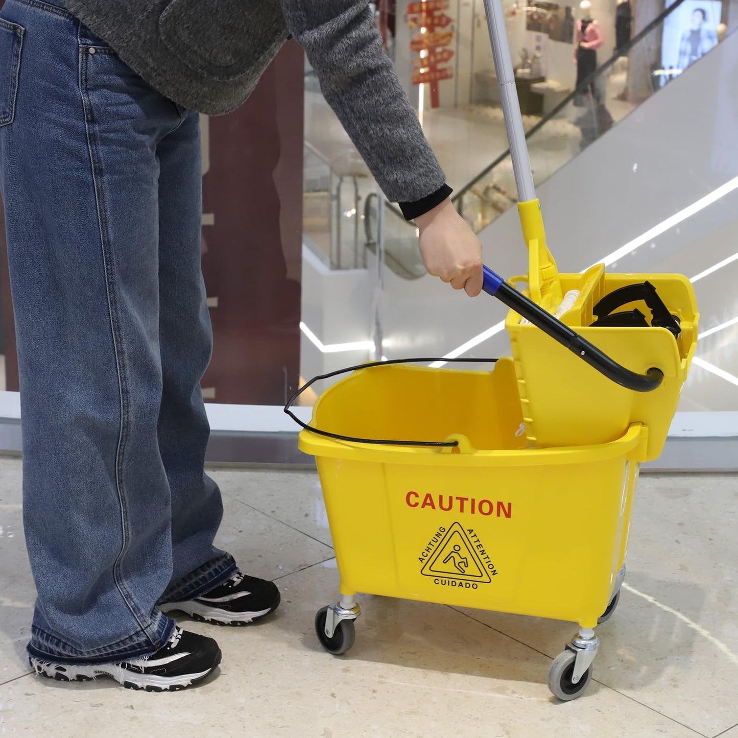 Commercial Mop Bucket with Side Press Wringer on Wheels, Including One Commercial Mop, 35 Quart