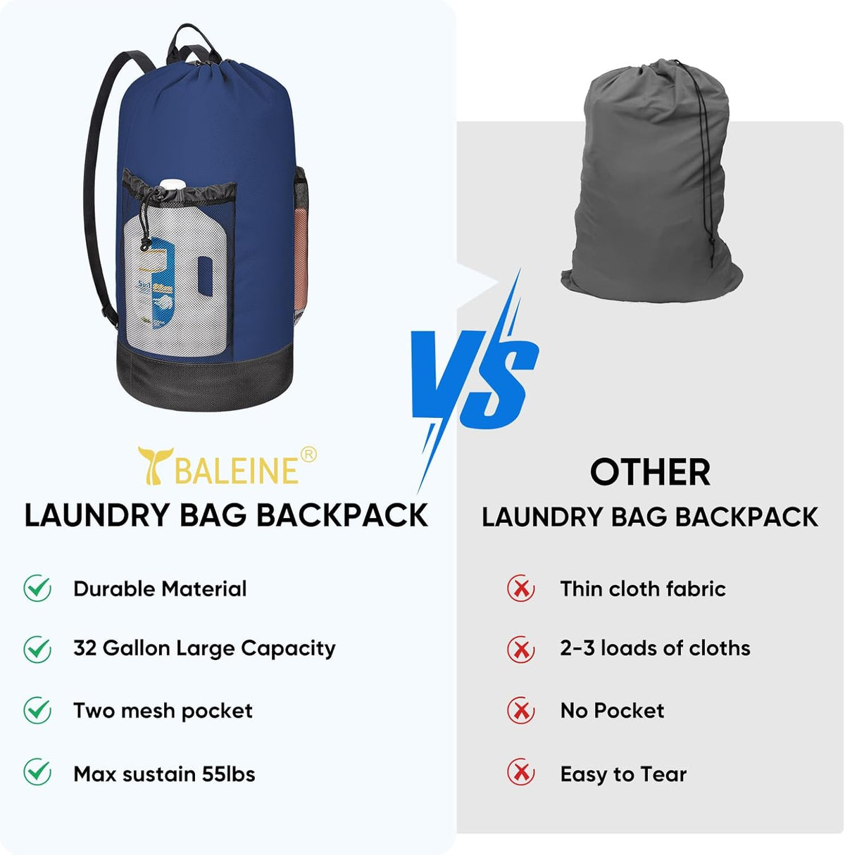 BALEINE 150L Laundry Bag Backpack, 900D Oxford Fabric Large Travel Laundry Bags with Shoulder