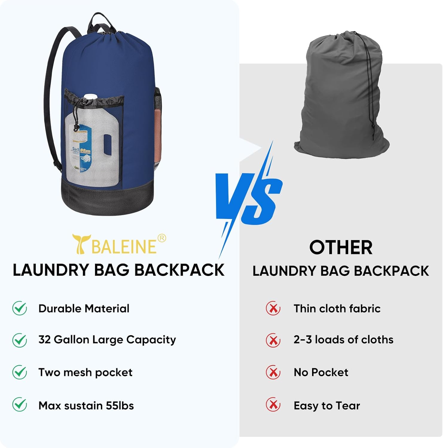BALEINE 150L Laundry Bag Backpack, 900D Oxford Fabric Large Travel Laundry Bags with Shoulder