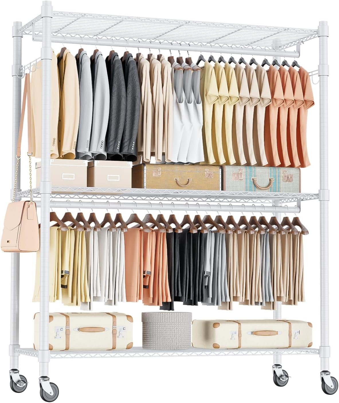 Homdox 3 Tier Garment Rack with Wheels, Portable Closets for Hanging Clothes Heavy Duty, Closet