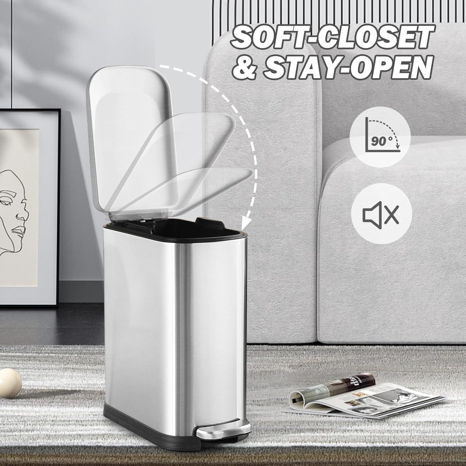 Bathroom Trash Can with Soft-Close Lid 3.5 Gallon Stainless Steel Garbage Can with Removable Inner
