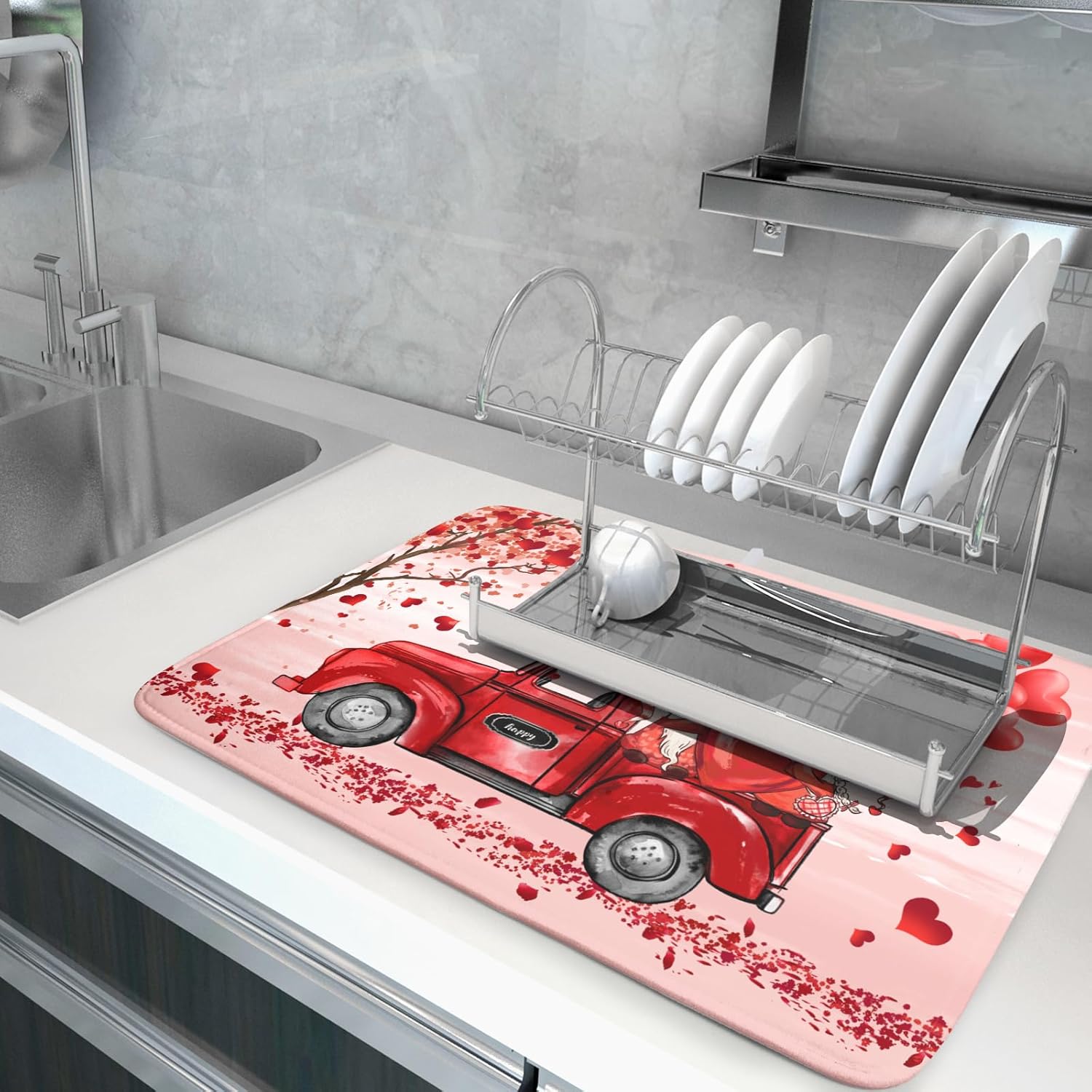 Valentine's Day Dish Drying Mats for Kitchen Counter, Happy Valentine's Day Dish Mat Absorbent