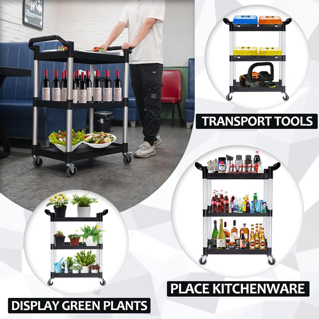 Plastic Utility Carts with Wheels, Heavy Duty 510lbs Capacity Rolling Service Cart, 3-Tier