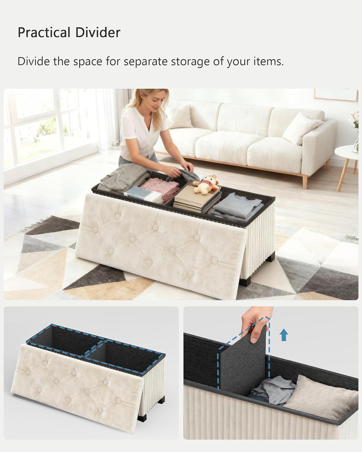 Storage Ottoman Bench, 43 Inch Foldable Ottoman with Legs, Velvet Foot Rest Stool, End of Bed