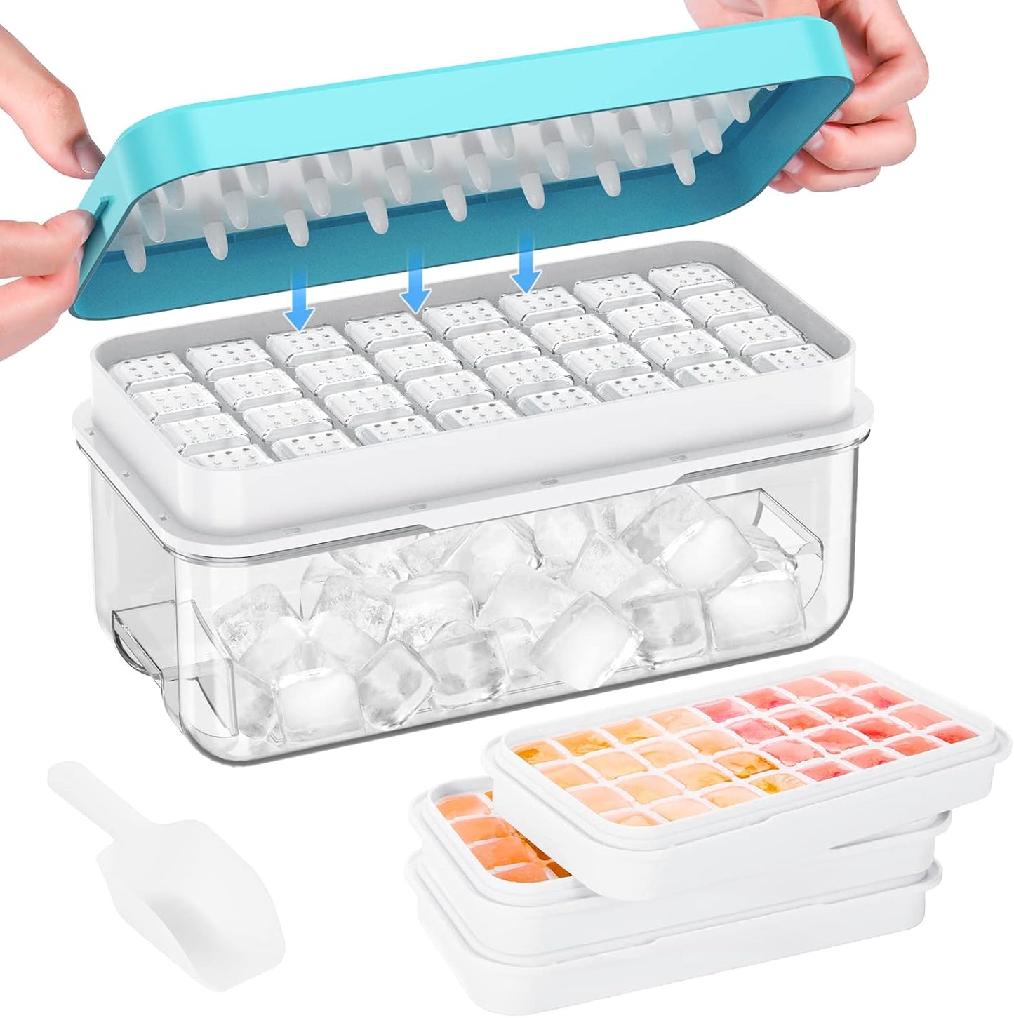 PHINOX Ice Cube Tray with Lid and Bin, 3 Pack Plastic Ice Cube Tray Molds, 96(4 * 8 * 3) pcs Ice