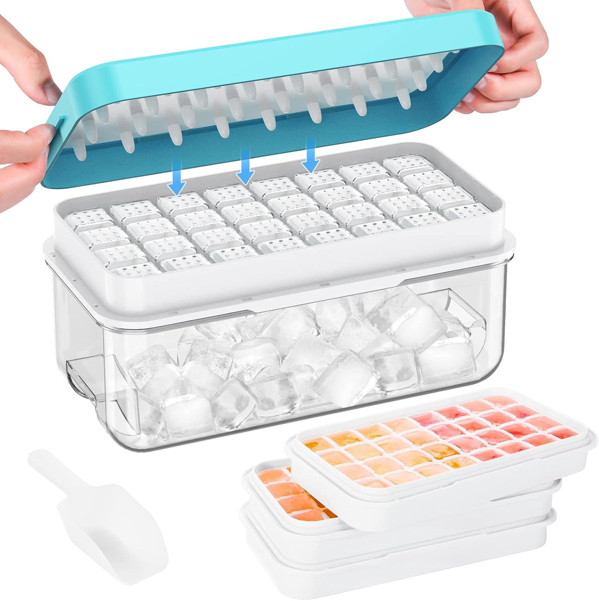 PHINOX Ice Cube Tray with Lid and Bin, 3 Pack Plastic Ice Cube Tray Molds, 96(4 * 8 * 3) pcs Ice