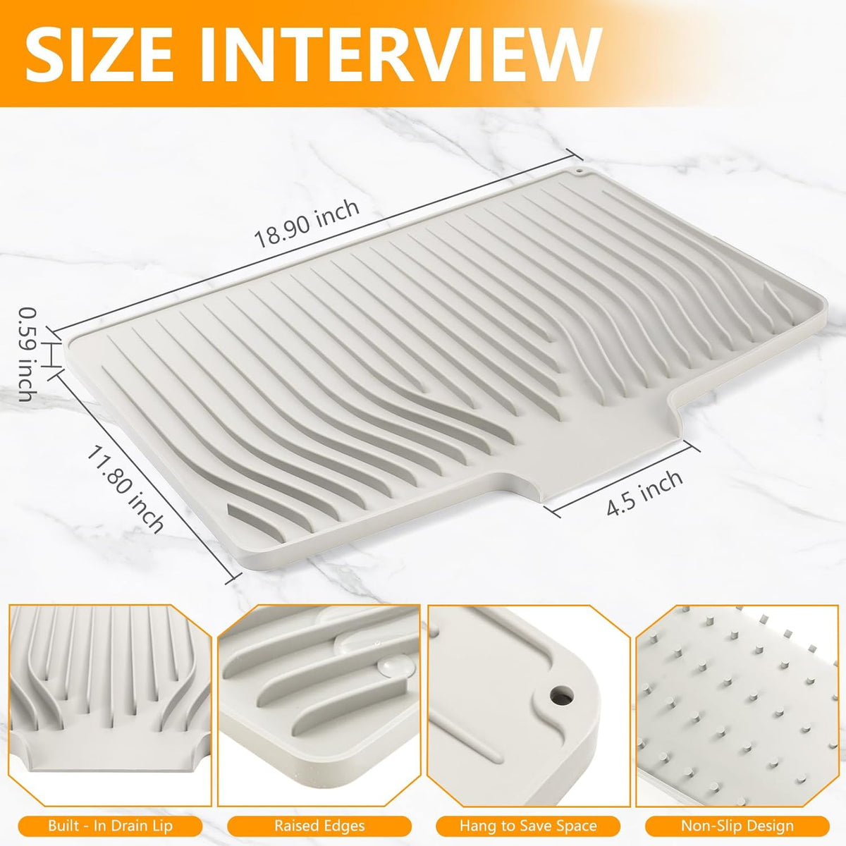 Silicone Dish Drying Mat for Kitchen Counter, Dish Drainer Mat, Non-Slip Drying Pad with Built-in