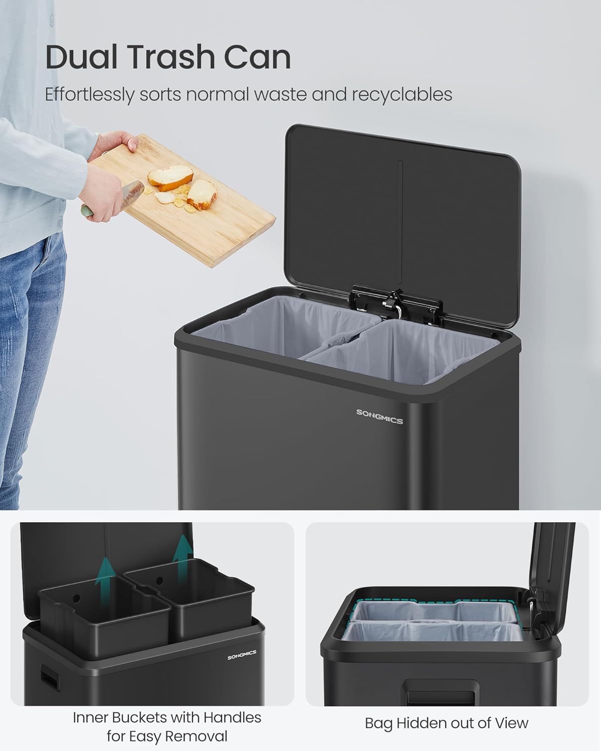 SONGMICS Trash Can, 2 x 8 Gallon (2 x 30 L) Double Garabge Can for Recycling and Waste, Stainless