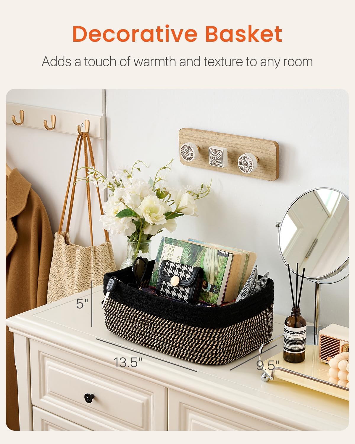 Small Woven Basket, 13.5 x 9.5 x 5 Inches, Storage Basket for Organizing, Cute Small Rope Shelf