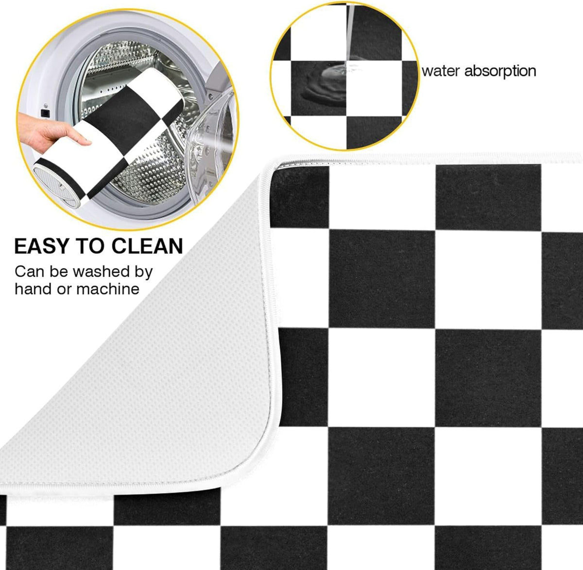 Black White Chessboard Dish Drying Mat for Kitchen Countertop 16x18 Plaid Checkered Rectangle Small