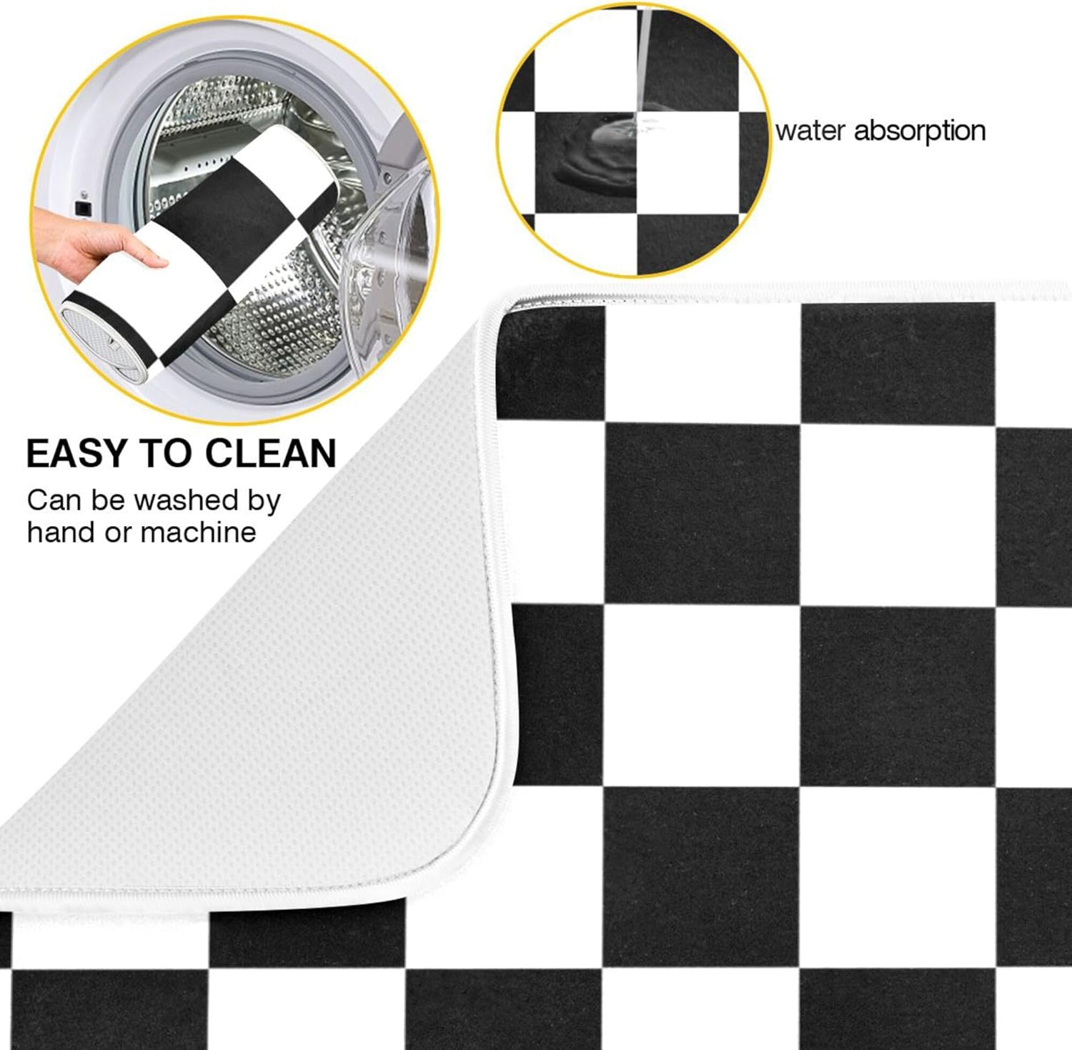 Black White Chessboard Dish Drying Mat for Kitchen Countertop 16x18 Plaid Checkered Rectangle Small