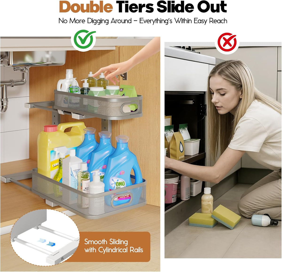 2 Pack 21.3IN-Depth Under Sink Organizer with Smooth Cylindrical Rail,2-Tier Pull Out Multi-Purpose