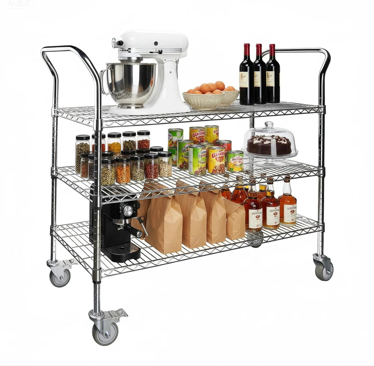 Northsky 3-Shelf Wire Utility Cart on Wheels, Chrome Finish Rolling Metal Shelving with Wheels