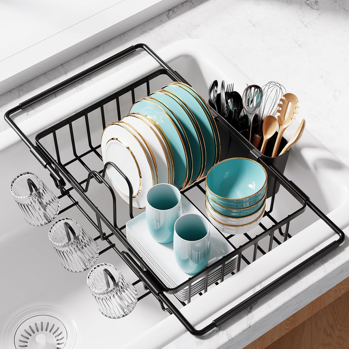 Dish Drying Rack in Sink - Expandable Stainless Steel Dish Rack Over The Sink, Kitchen Sink Drain