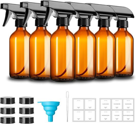 8oz Amber Glass Spray Bottles,6 Pack Glass Spray Bottles Refillable Empty Bottle with Adjustable