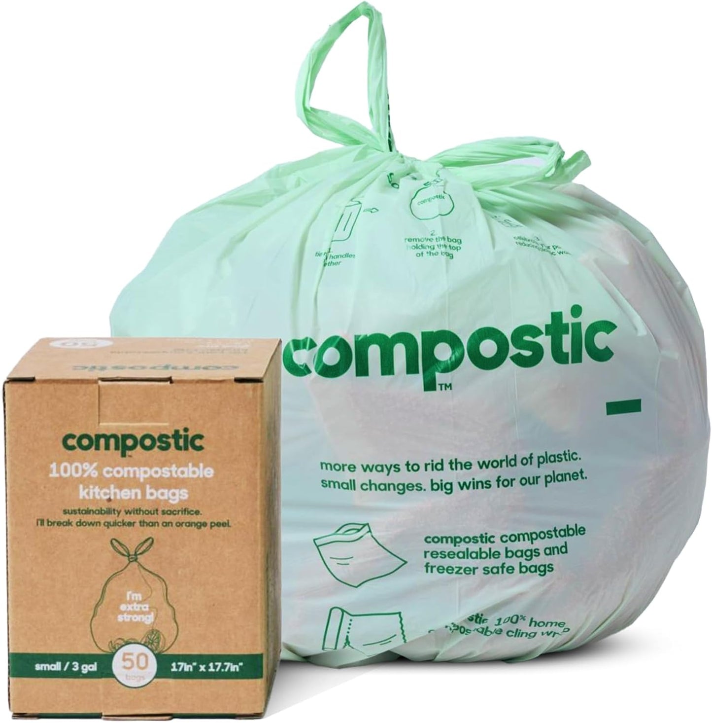 Compostic Home Compostable Trash Bags, 3 Gallon Small Kitchen Rubbish Bags (17” x 17.7”), Extra