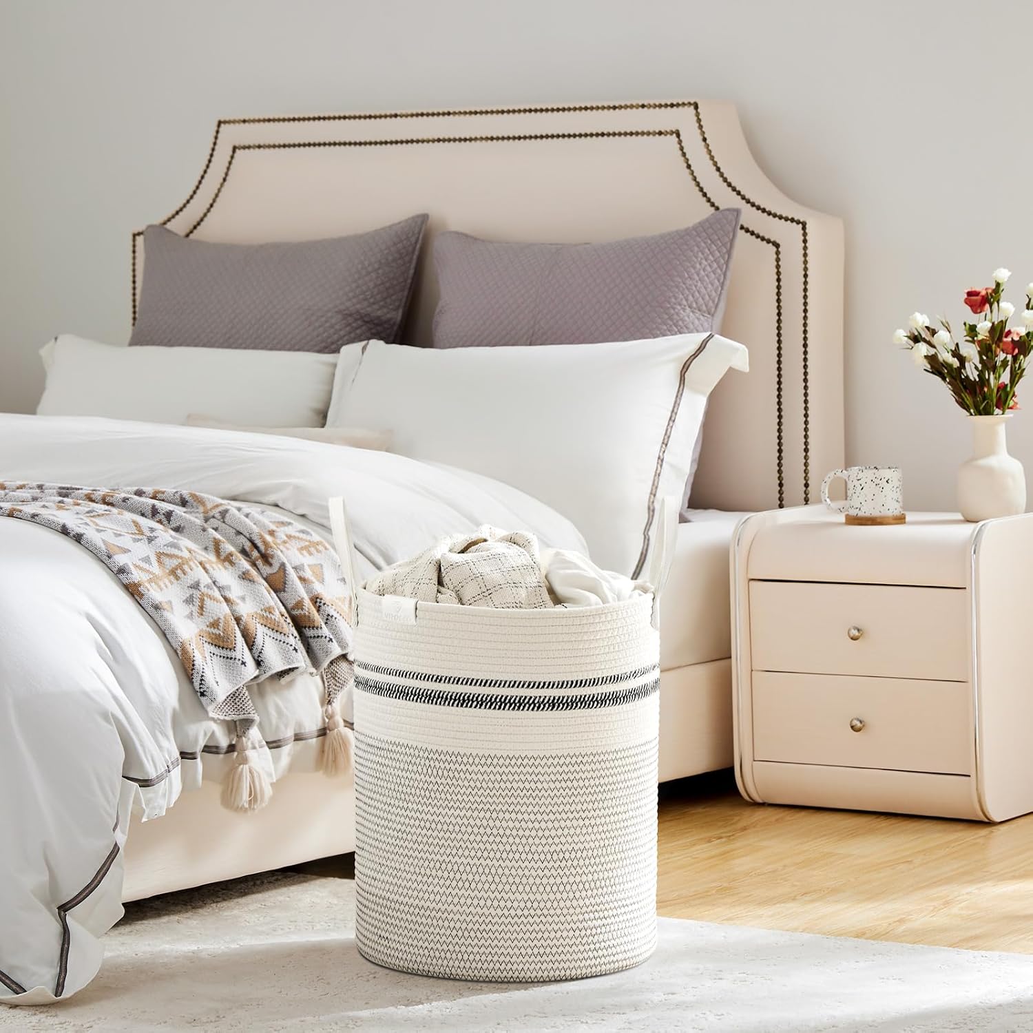 VIPOSCO Tall Laundry Basket, Large Dirty Clothes Hamper with Leather Handle, Woven Rope Storage